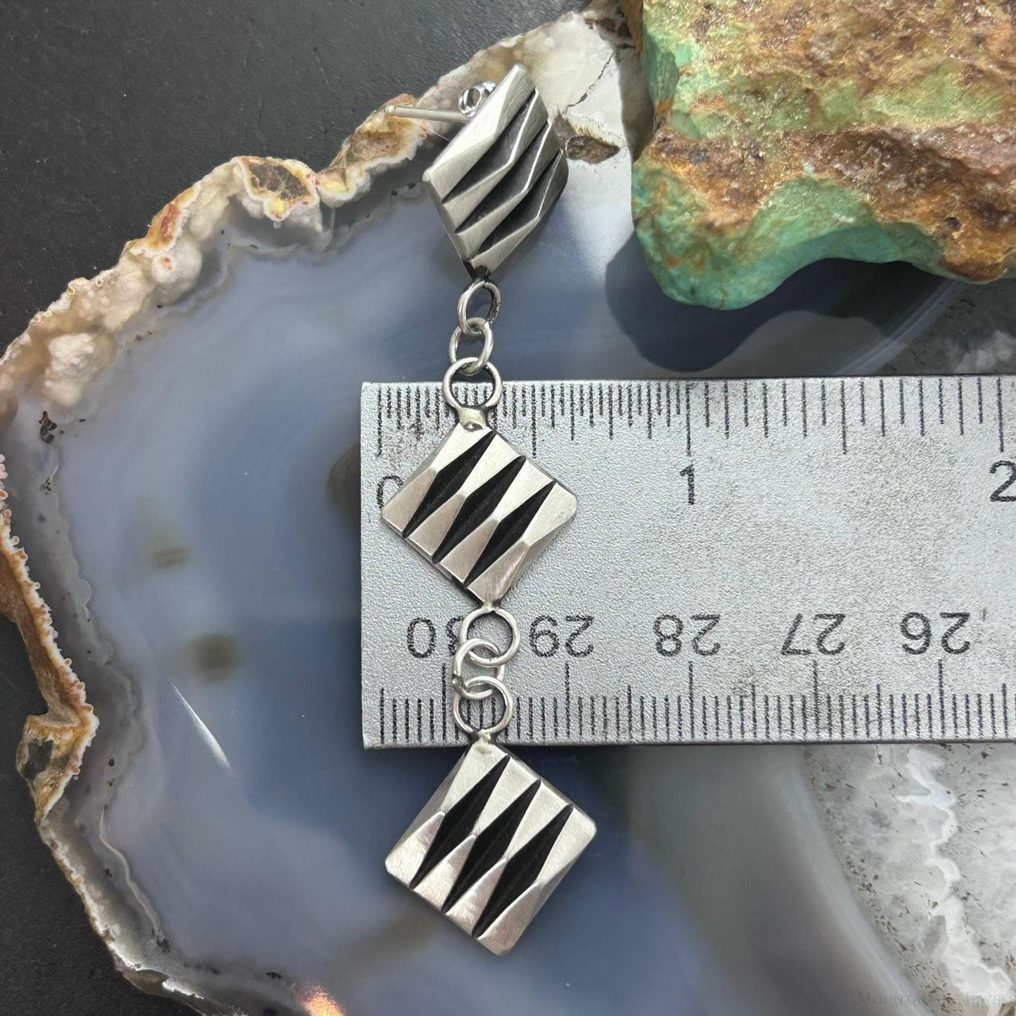 Leander Tahe Native American Sterling Silver 3 Square 3D Geometric Dangle Earrings For Women