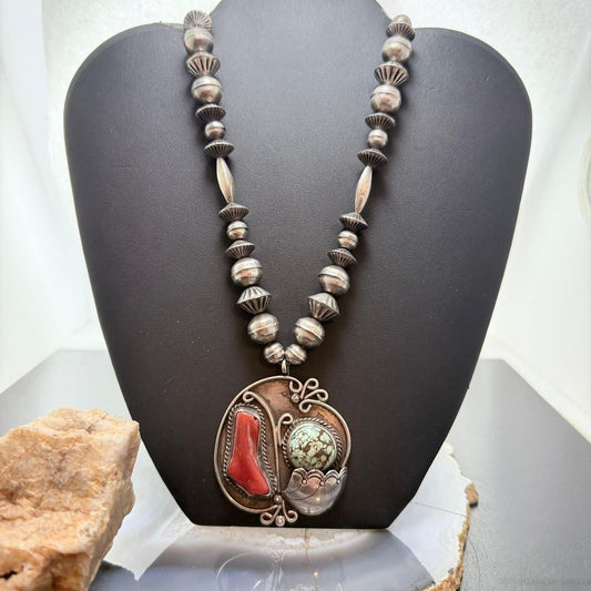 Vintage Native American Silver Coral & Turquoise Round/Saucer Beads Necklace