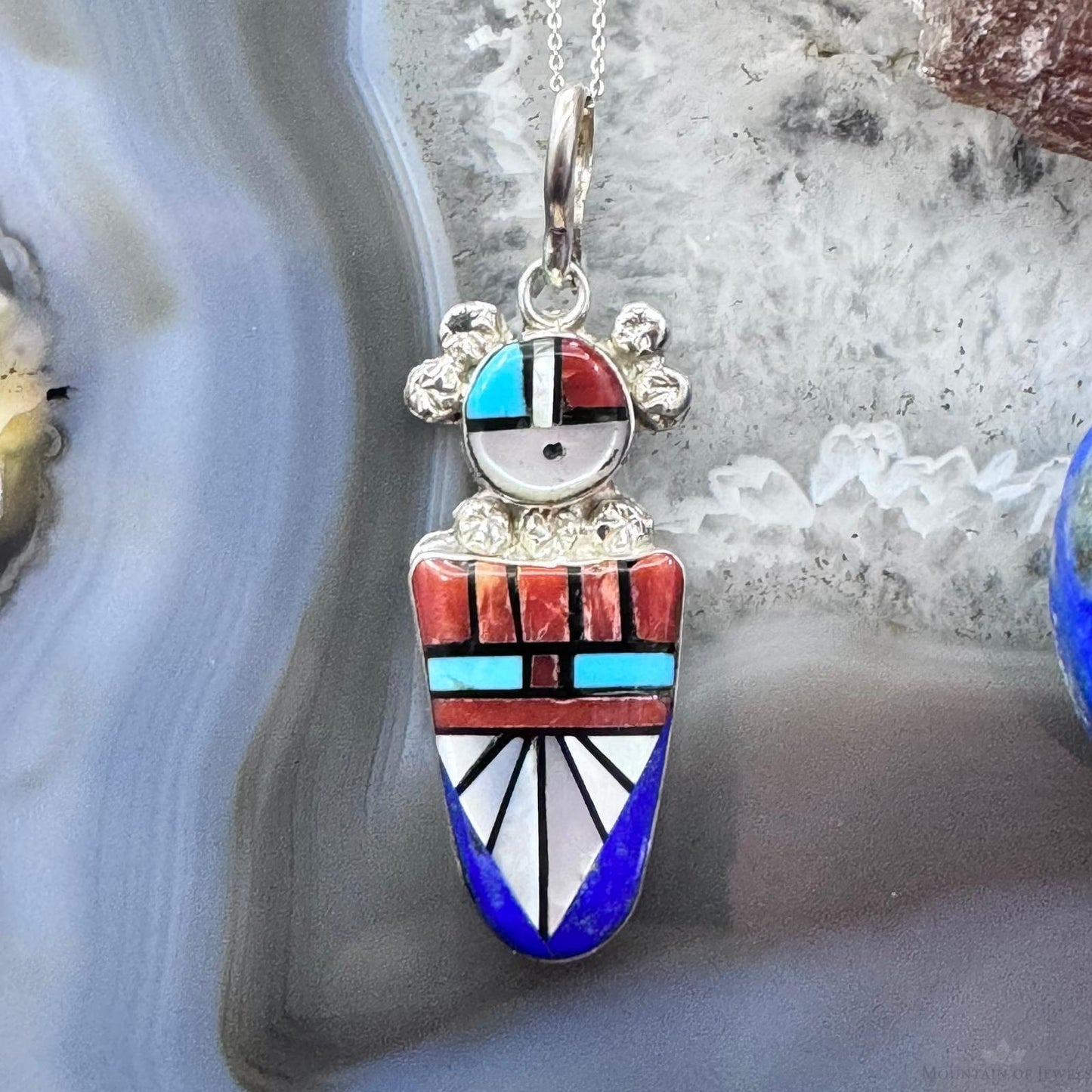 Ola Eriacho Sterling Silver Multistone Inlay Sunface Kachina Pendant With 18" Chain