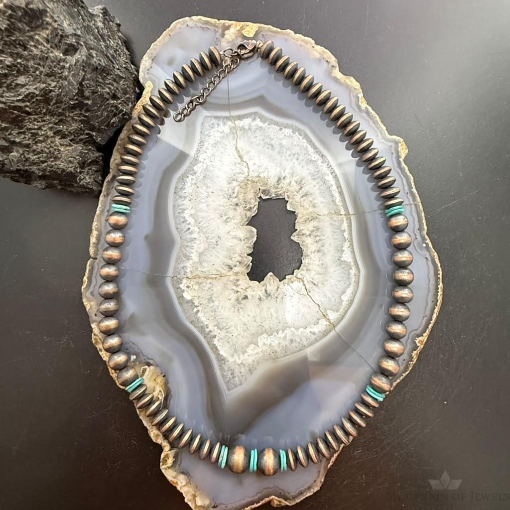Southwestern Style Copper Navajo Pearl Round,Saucer & Turquoise 18"-20" Necklace For Women