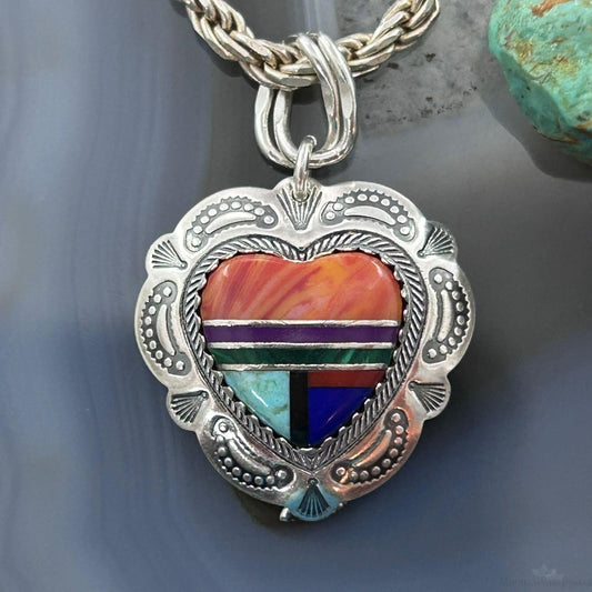QT Quoc Sterling Silver Southwestern Style Multistone Inlay Heart Pendant For Women