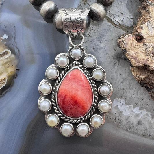 Native American Sterling Silver Teardrop Spiny Oyster w/Pearls Pendant For Women