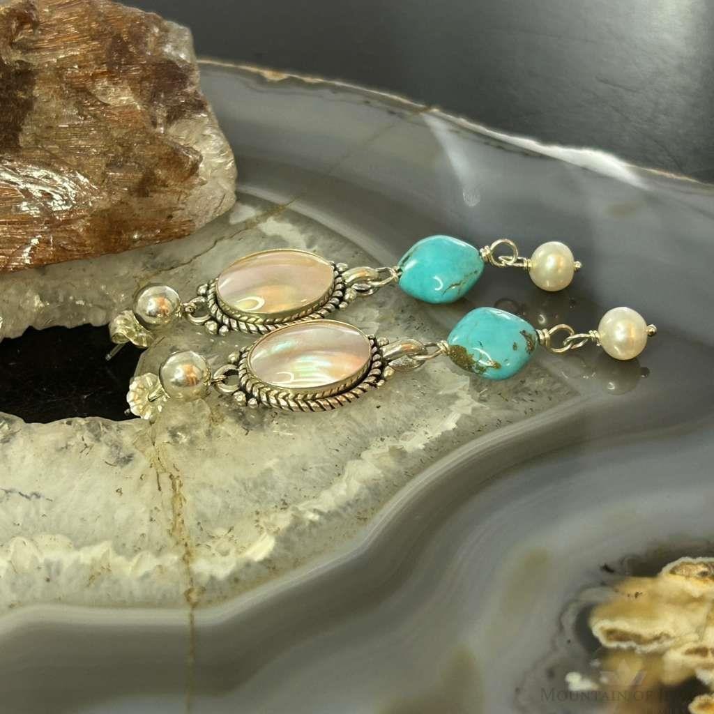 Carolyn Pollack Sterling Silver MOP & Turquoise Dangle Earrings For Women