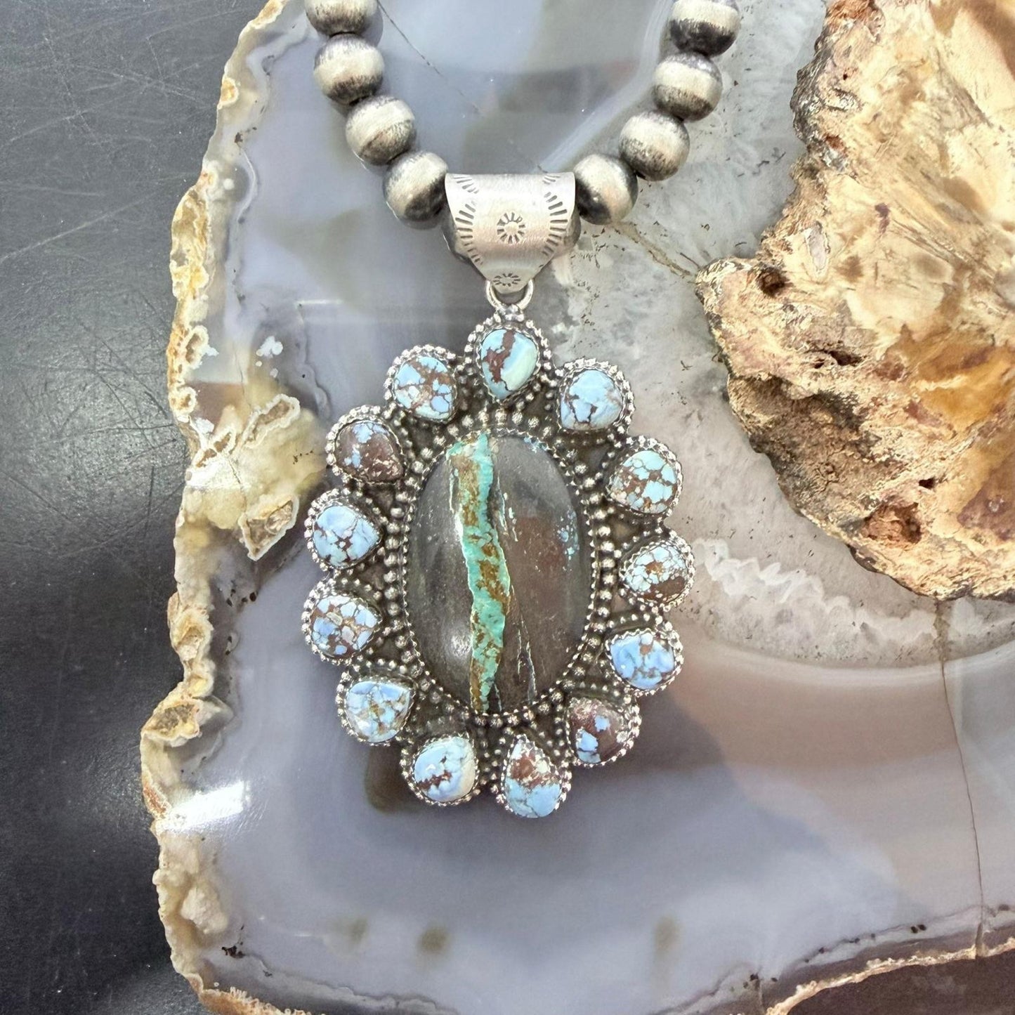 Sterling Silver Southwestern Style Blackjack & Golden Hill Turquoise Pendant For Women