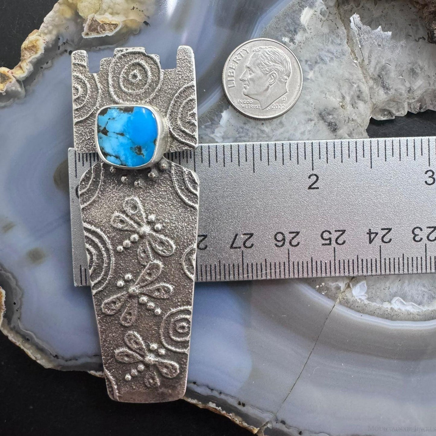 Joel Pajarito Sterling Silver Blue Ridge Turquoise Tufa Cast Decorated Unisex Pendant