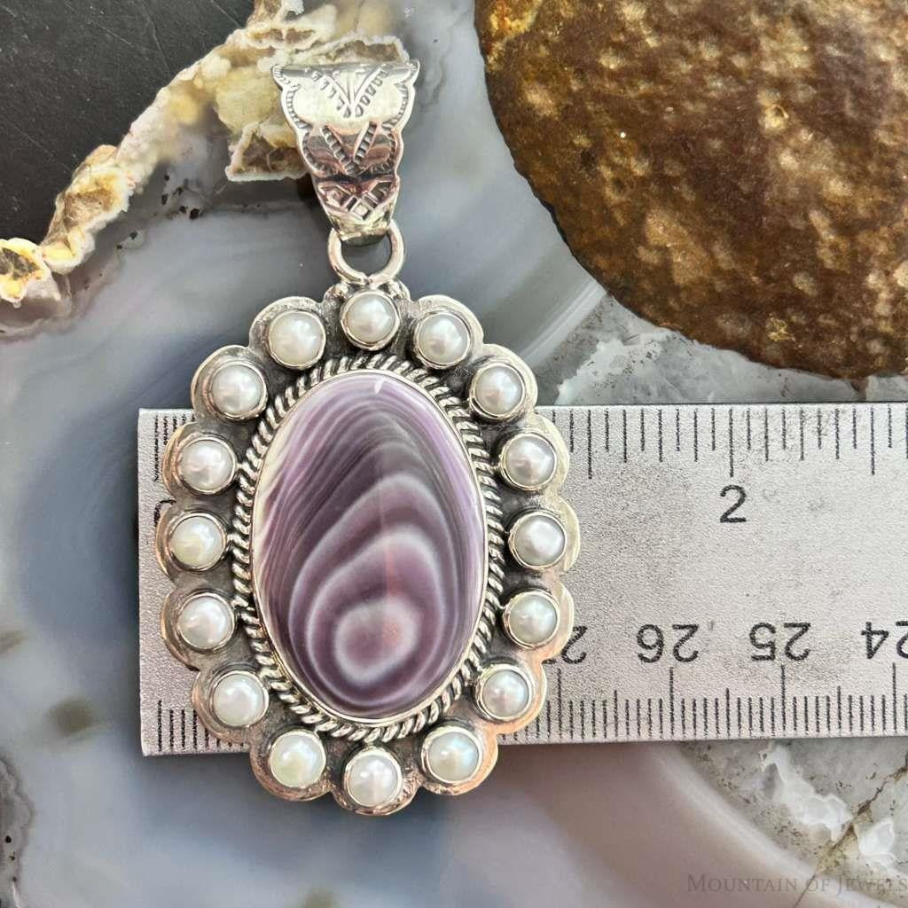 Native American Sterling Silver Oval Phosphosiderite W/Pearls Cluster Pendant For Women