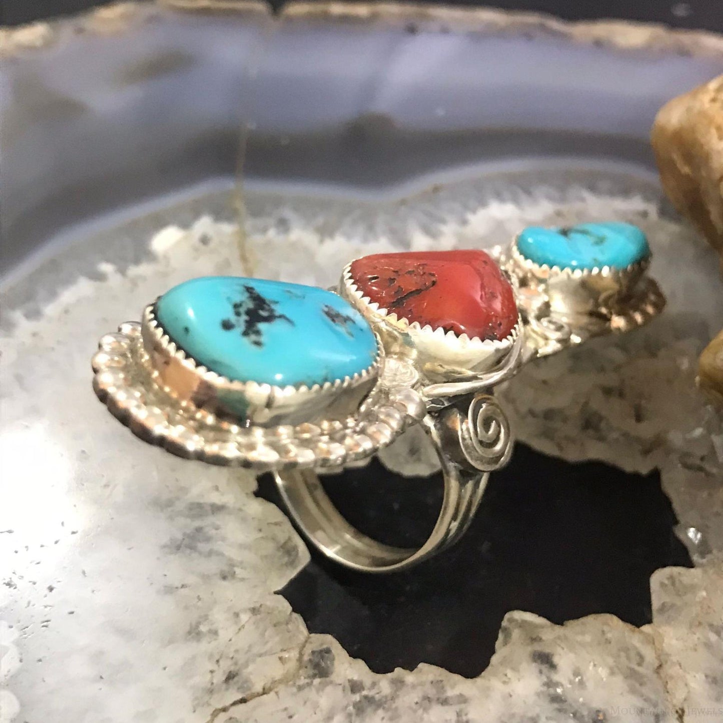 Silver Ray Sterling Silver 2 Turquoise 1 Coral Decorated Ring Size 8.5 For Women