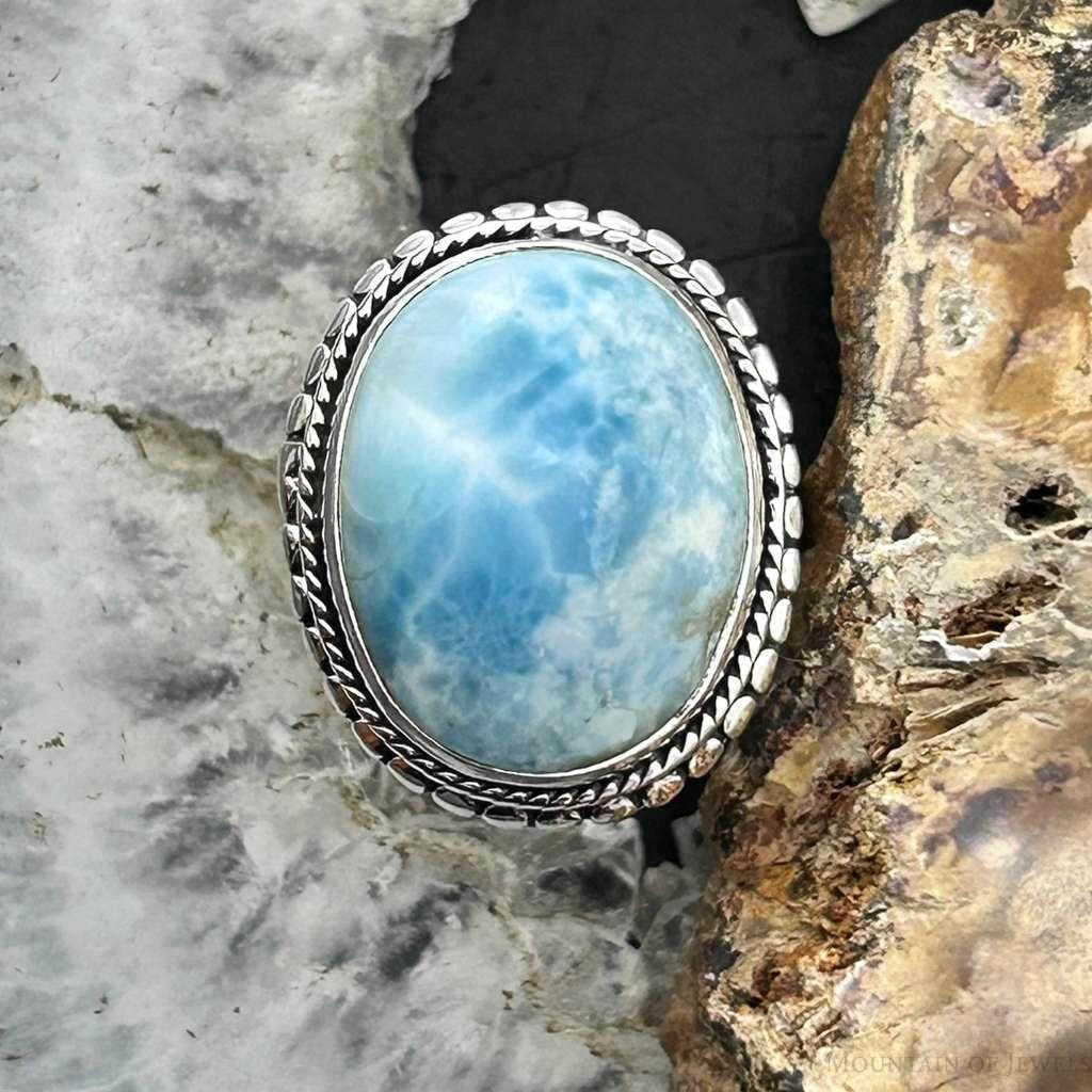 Sterling Silver Southwestern Style Oval Larimar Decorated Bar Ring Size 7 For Women