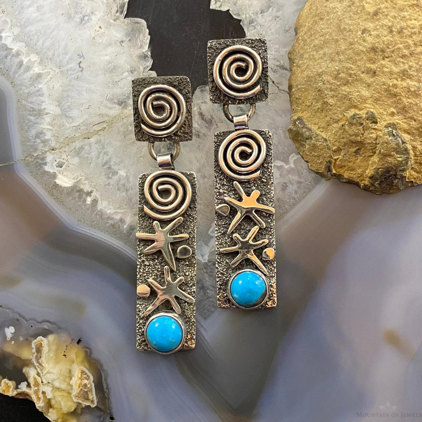 Alex Sanchez Native American Sterling Silver Turquoise Petroglyph Earrings