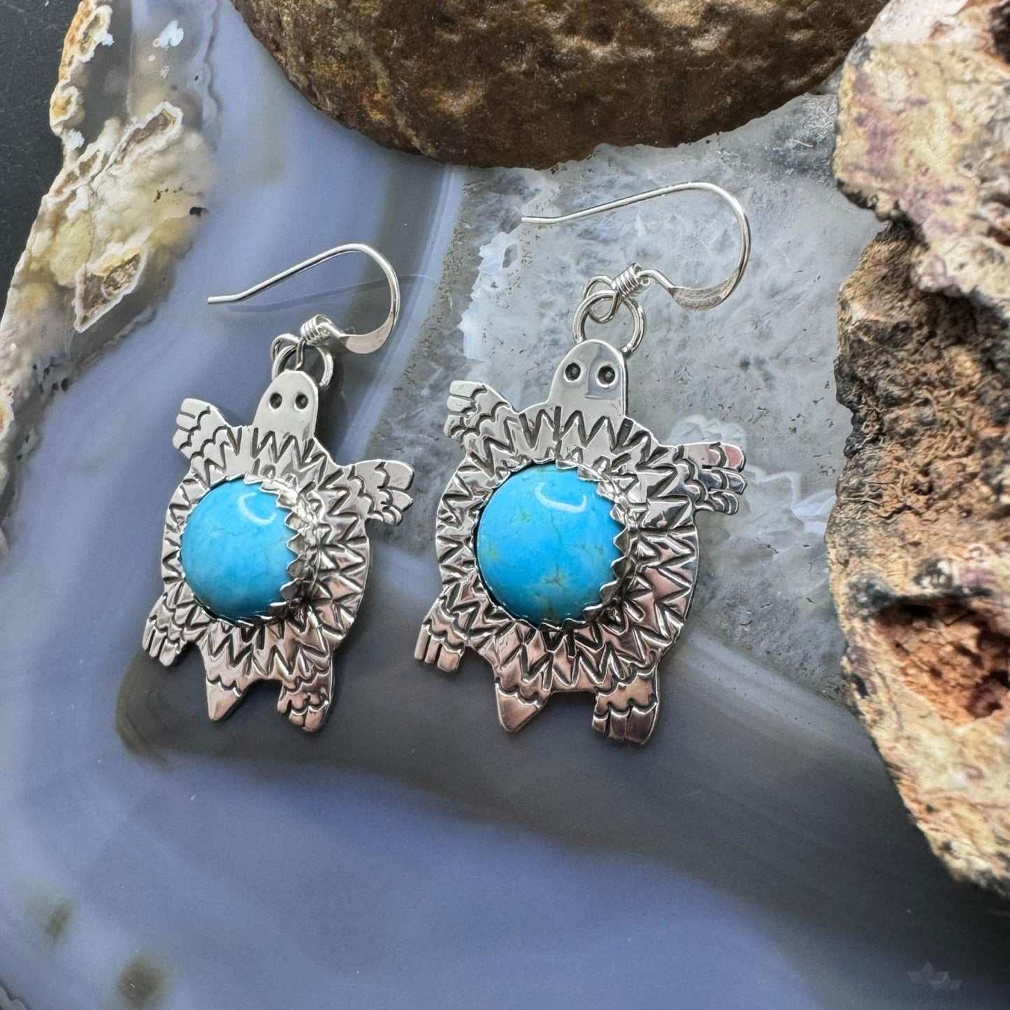 Brad Panteah Sterling Silver Turquoise Stamped Turtle Dangle Earrings For Women