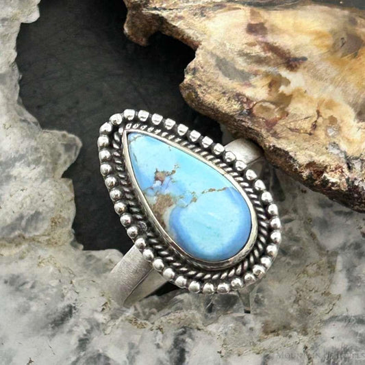 Sterling Silver Southwestern Style Teardrop Golden Hill Turquoise Adjustable Ring For Women