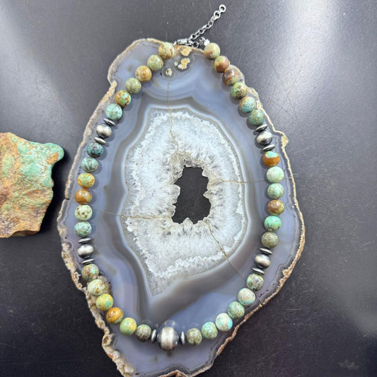 Sterling Silver Southwestern Style Green Turquoise/Navajo Pearl Bead 16"-18" Necklace For Women