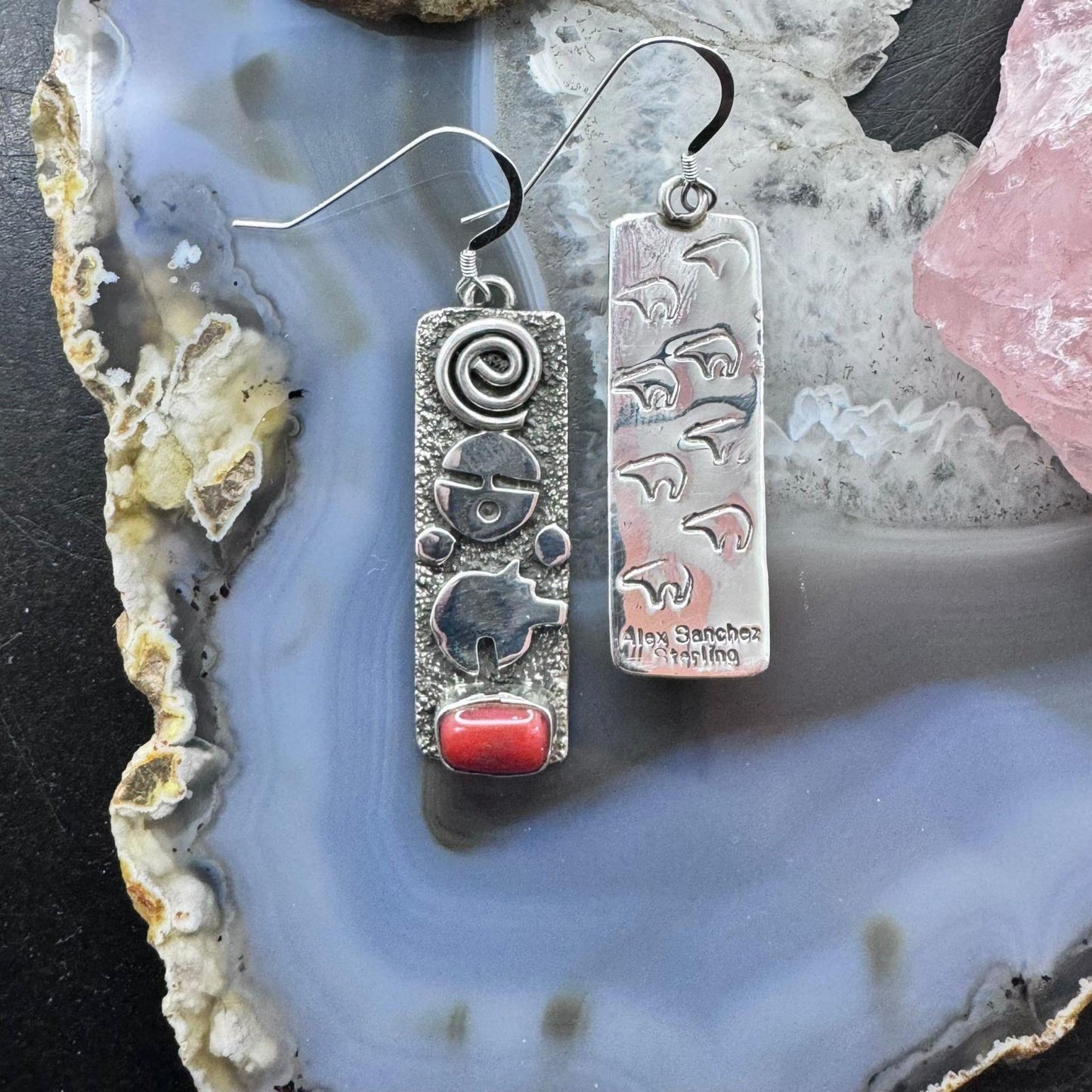 Alex Sanchez Native American Sterling Silver Coral Petroglyph Dangle Earrings For Women