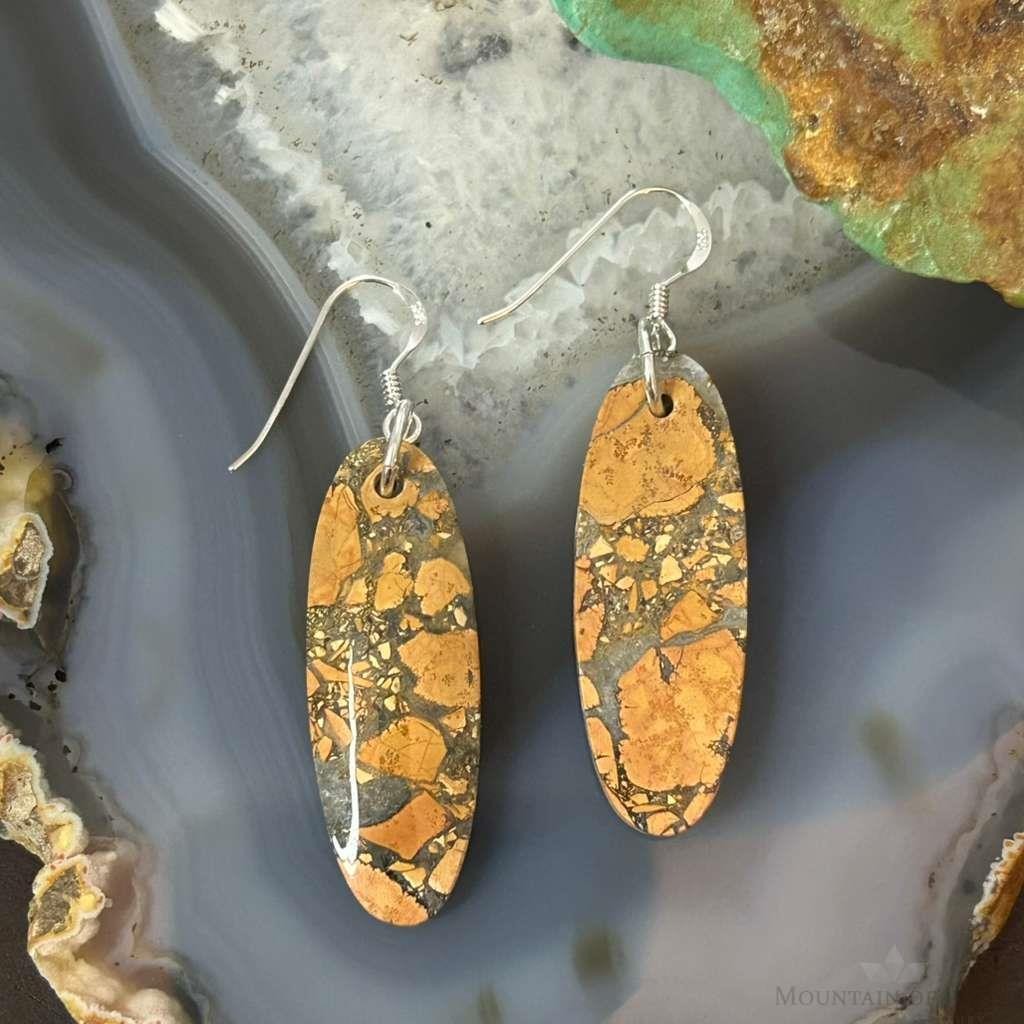 Sterling Silver Oval Maligano Jasper Slab Dangle Earrings For Women #512