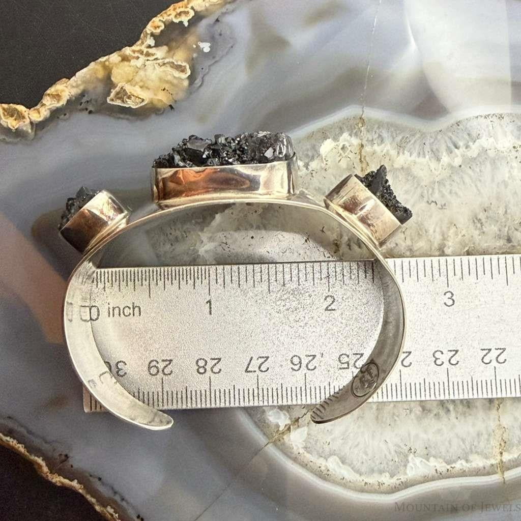 Vintage Lapidaria Barrera Mexico Silver 950 Black Druzy Quartz Cuff For Women