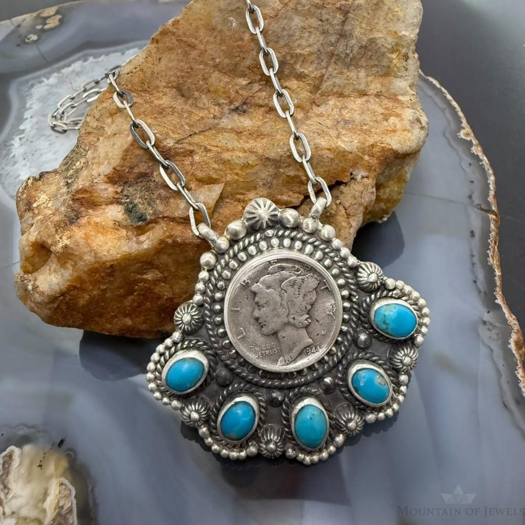 Sterling Silver Southwestern Style 1944 Mercury Dime & Kingman Turquoise Necklace For Women
