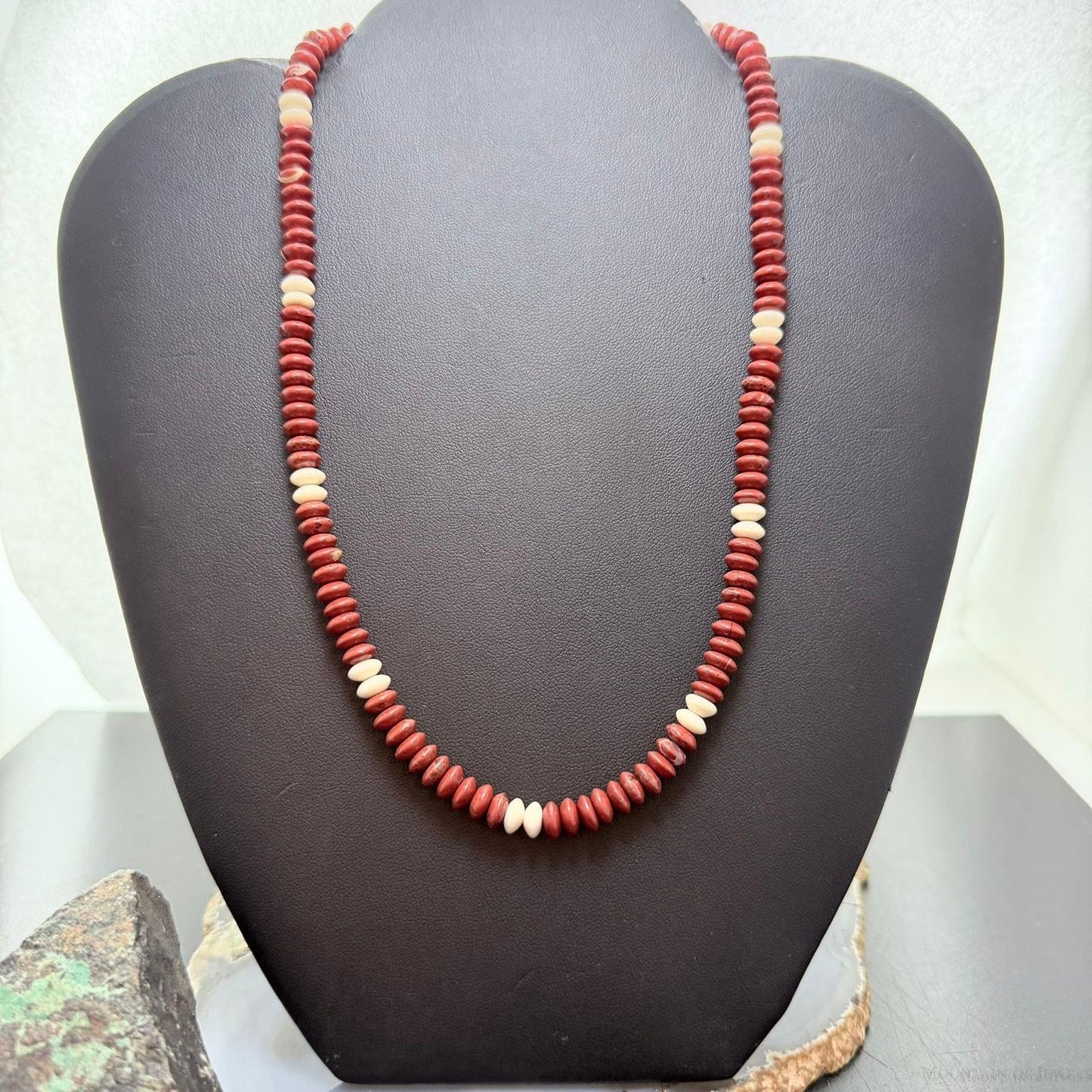Sterling Silver Southwestern Style Red Jasper &Petrified Wood Beads Saucer 18" Necklace