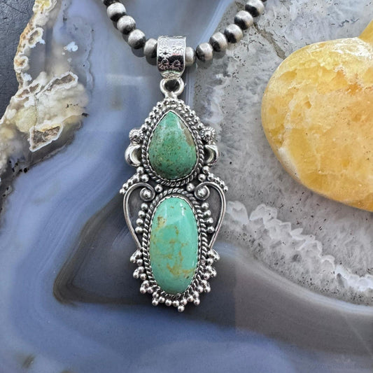 Sterling Silver Southwestern Style 2 Green Turquoise Decorated Pendant For Women