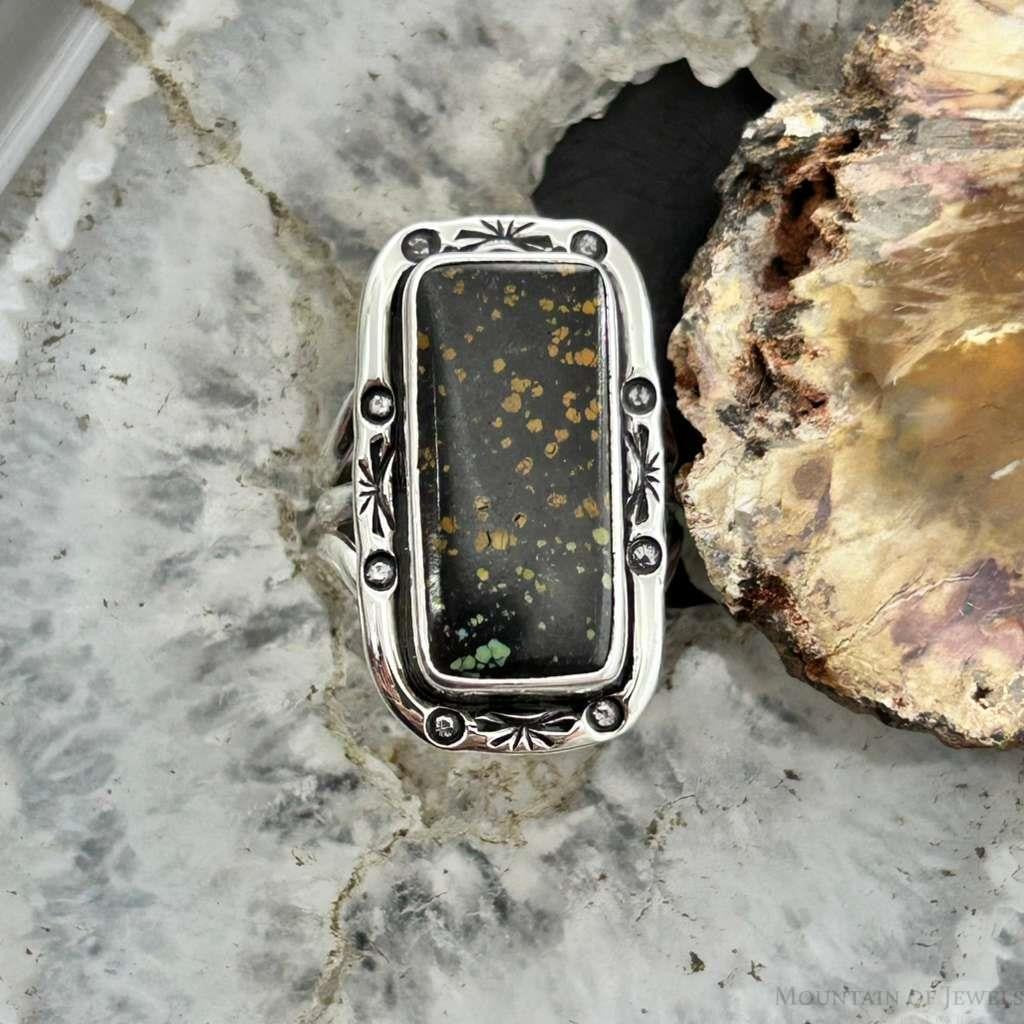 Native American Sterling Silver Rectangle Black Jack Bar Ring Size 7.5 For Women