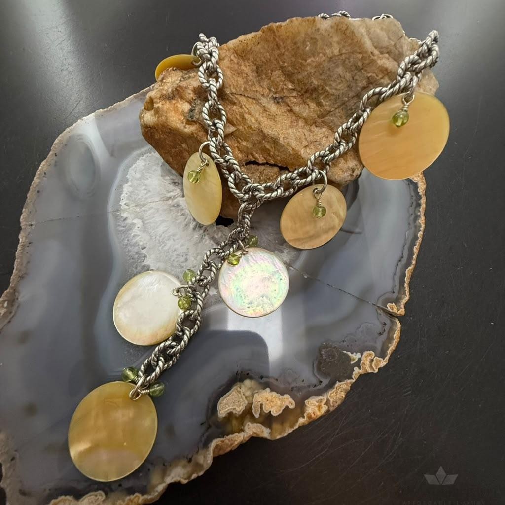 Carolyn Pollack Sterling Silver MOP Disc,Peridot Twisted Link Chain 20" Necklace