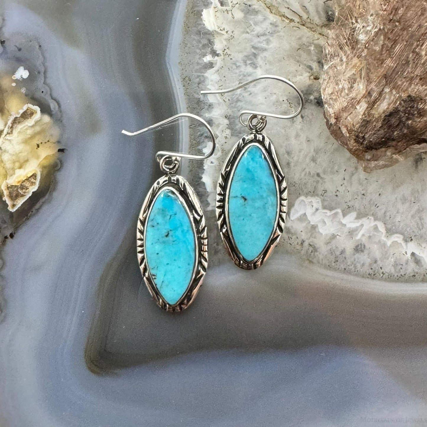 Native American Sterling Silver Marquise Turquoise Dangle Earrings For Women