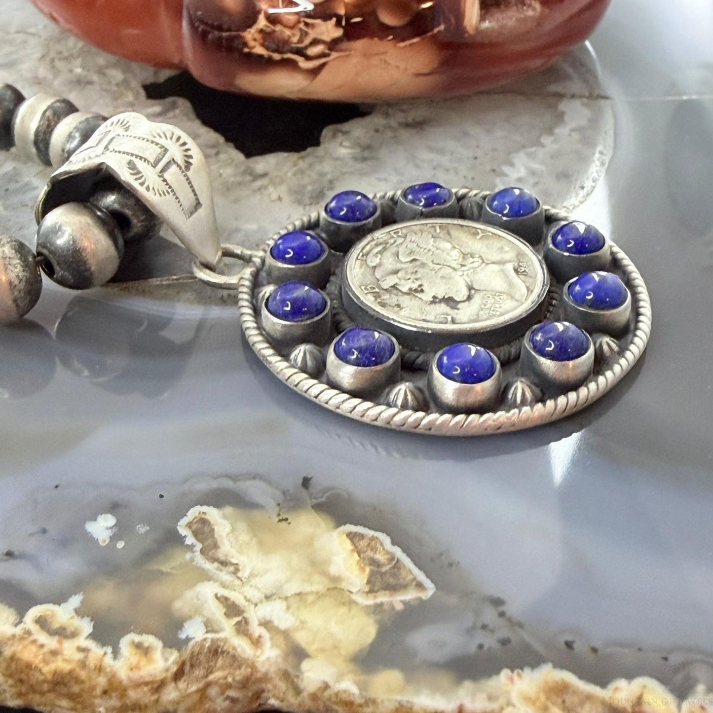 Genuine 1941 90% Silver Mercury Dime Coin w/Lapis Decorated Unisex Pendant #1