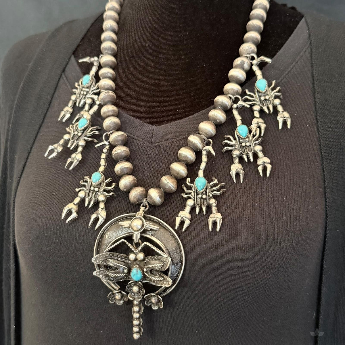 Frank Valdez Native American Sterling Silver Scorpions w/Navajo Pearl Unisex Necklace