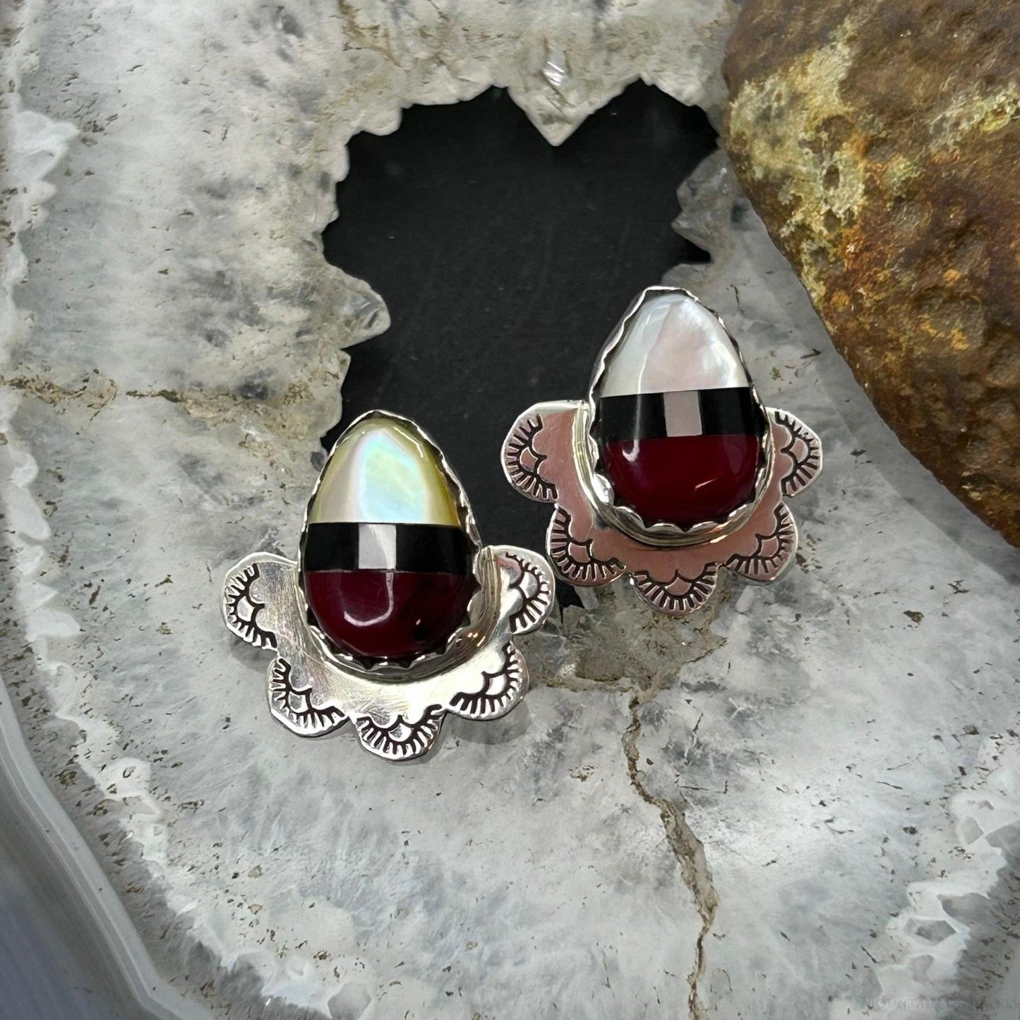 Clifton Aguilar Sterling Silver Teardrop Multistone Inlay Stud Earrings For Women #1