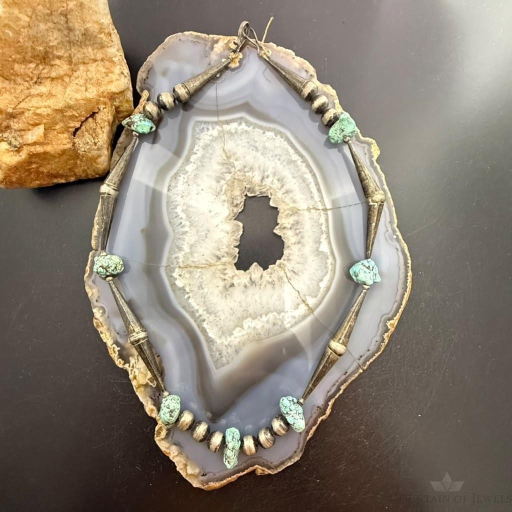 Vintage Native American Silver Navajo Pearl Bead, Cones, Turquoise 18" Necklace For Women