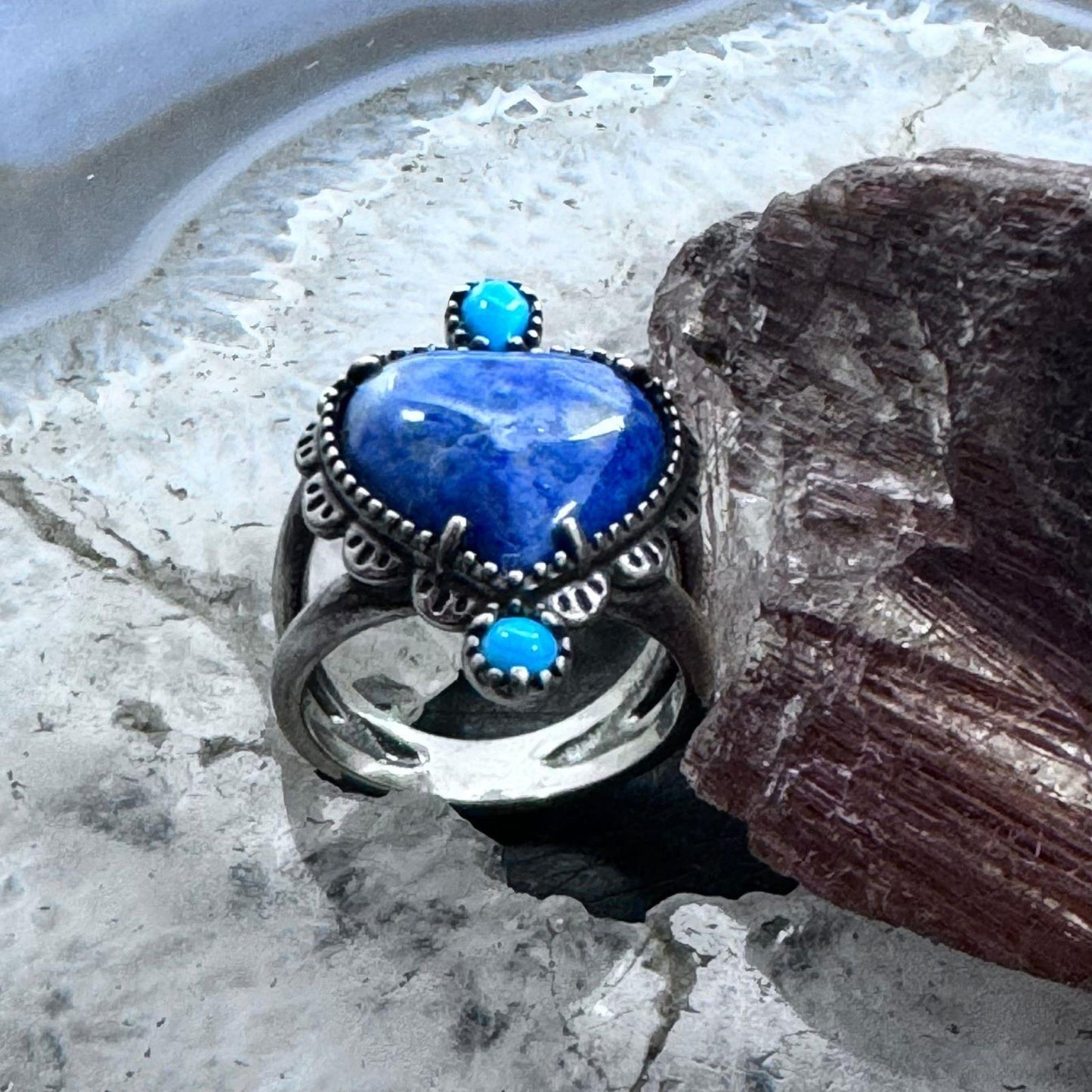 Carolyn Pollack Sterling Silver Denim Lapis Heart & Turquoise Decorated Ring Size 6 For Women