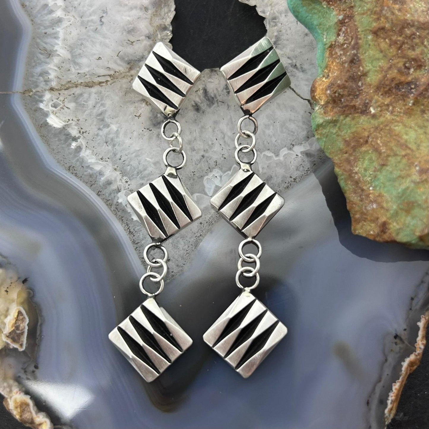Leander Tahe Native American Sterling Silver 3 Square 3D Geometric Dangle Earrings For Women