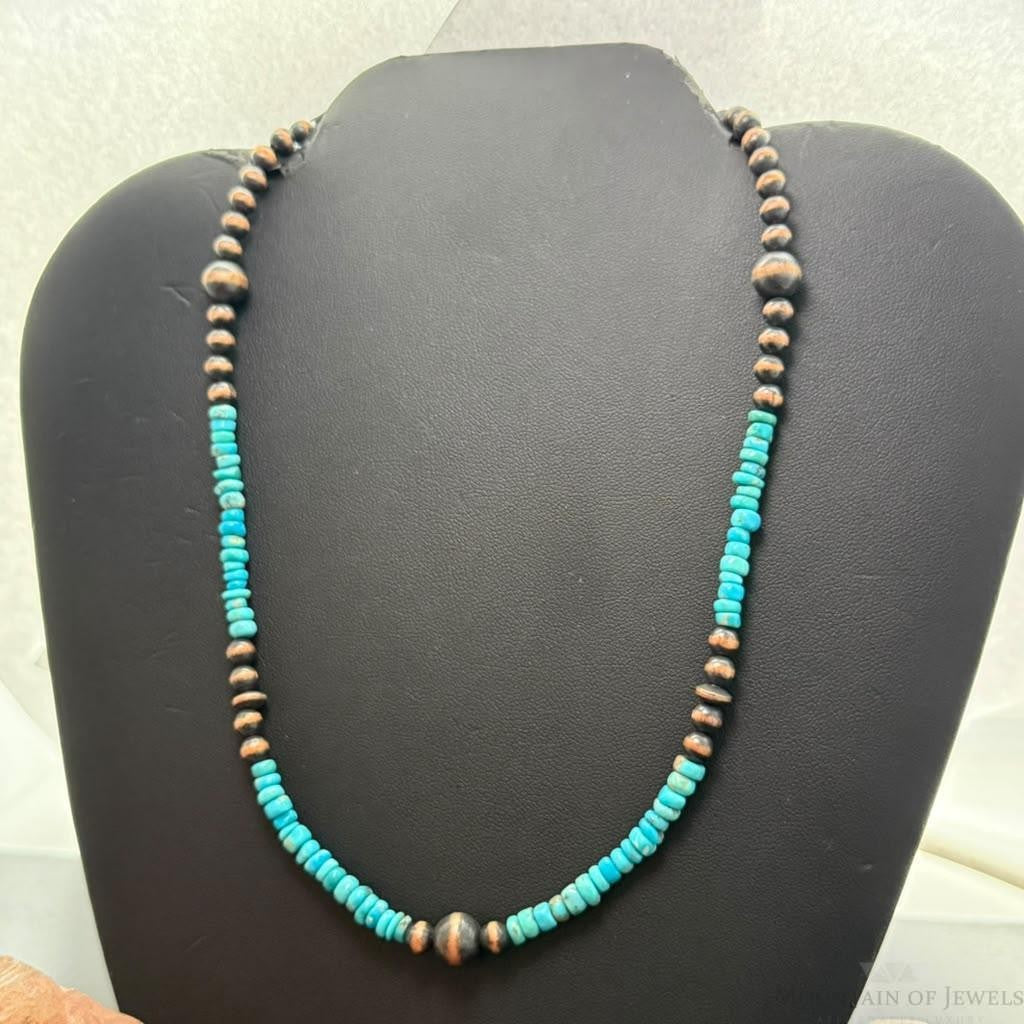 Southwestern Style 5-8.5mm Copper Navajo Pearl Round &Turquoise 18"-21" Necklace For Women