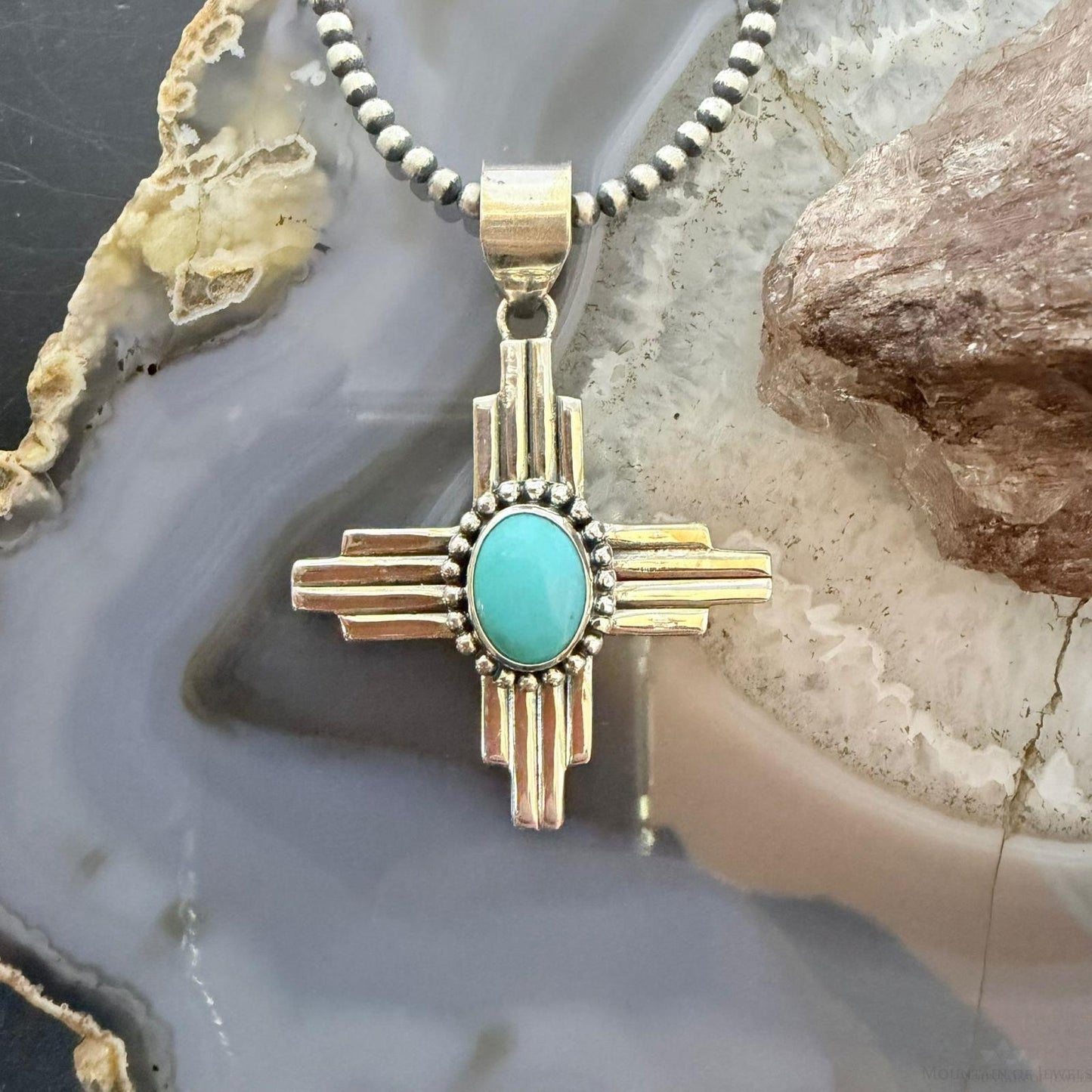 Sterling Silver Southwestern Style Oval Turquoise Unisex Zia Pendant