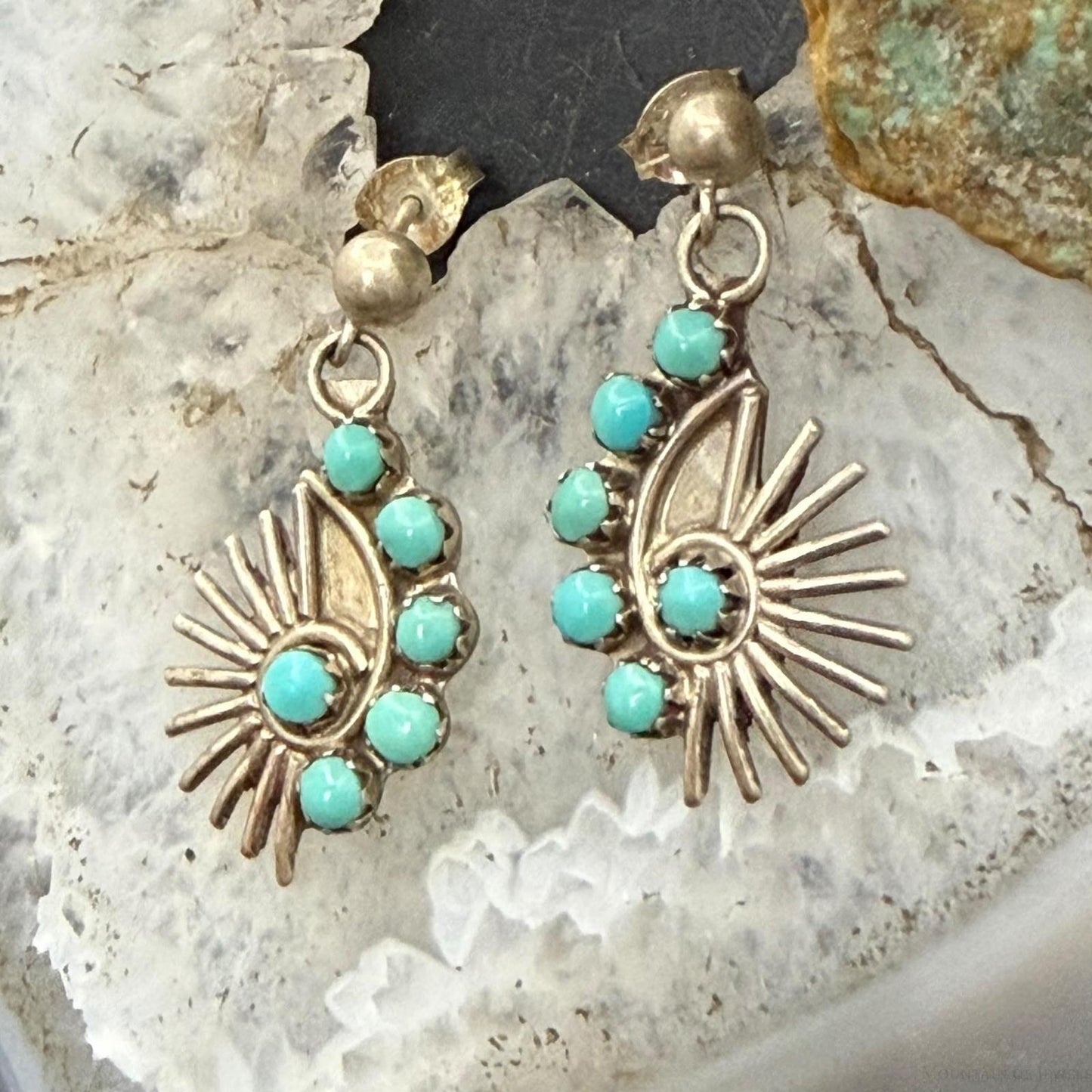 Vintage Native American Silver 6 Petitpoint Turquoise Dangle Earrings For Women