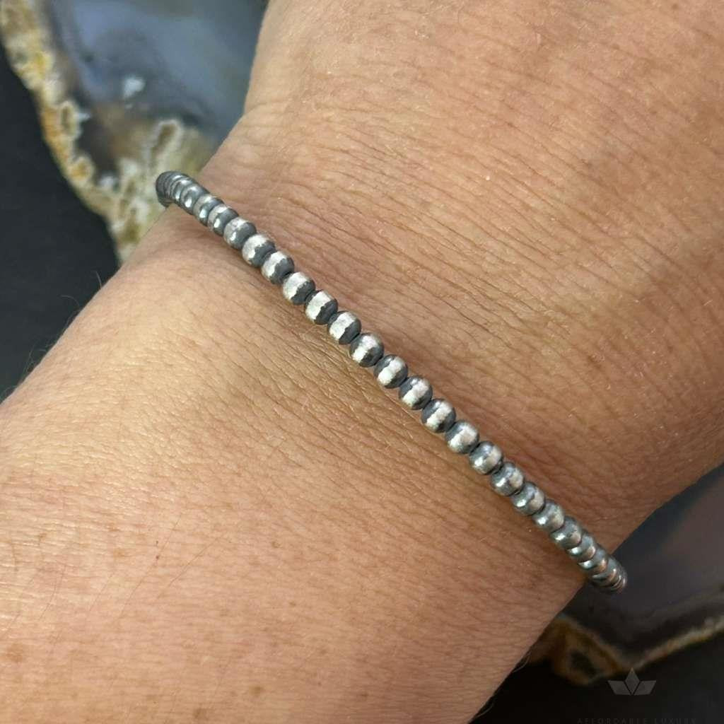 Sterling Silver 3mm Navajo Pearl Beads 7.5" Toggle Clasp Bracelet For Women