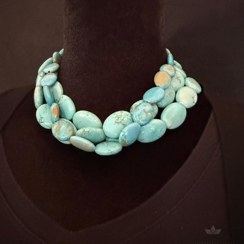 Vintage Native American Oval Turquoise Beads 3 Strands 14" Necklace For Women