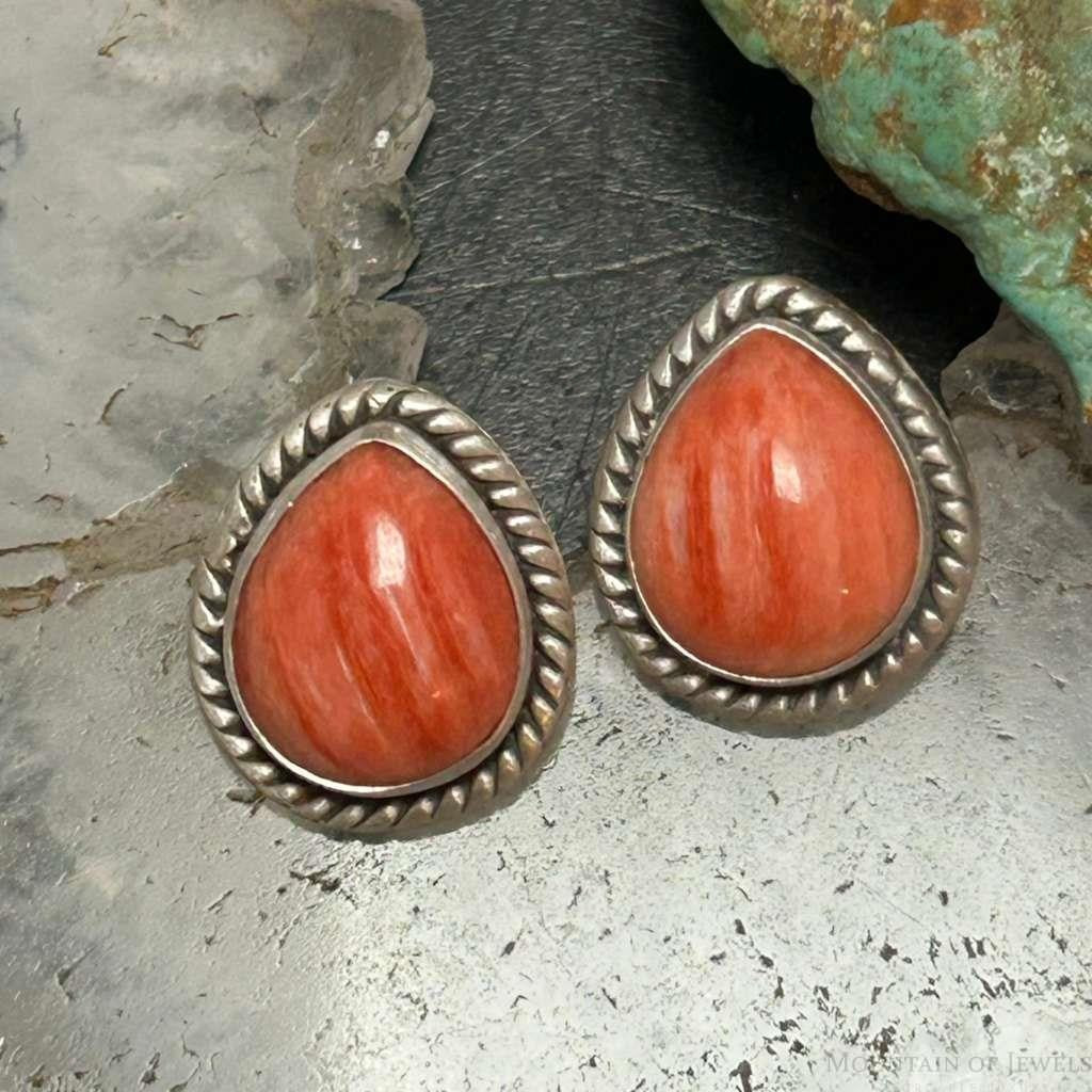 Sterling Silver Southwestern Style Teardrop Orange Spiny Oyster Stud Earrings For Women