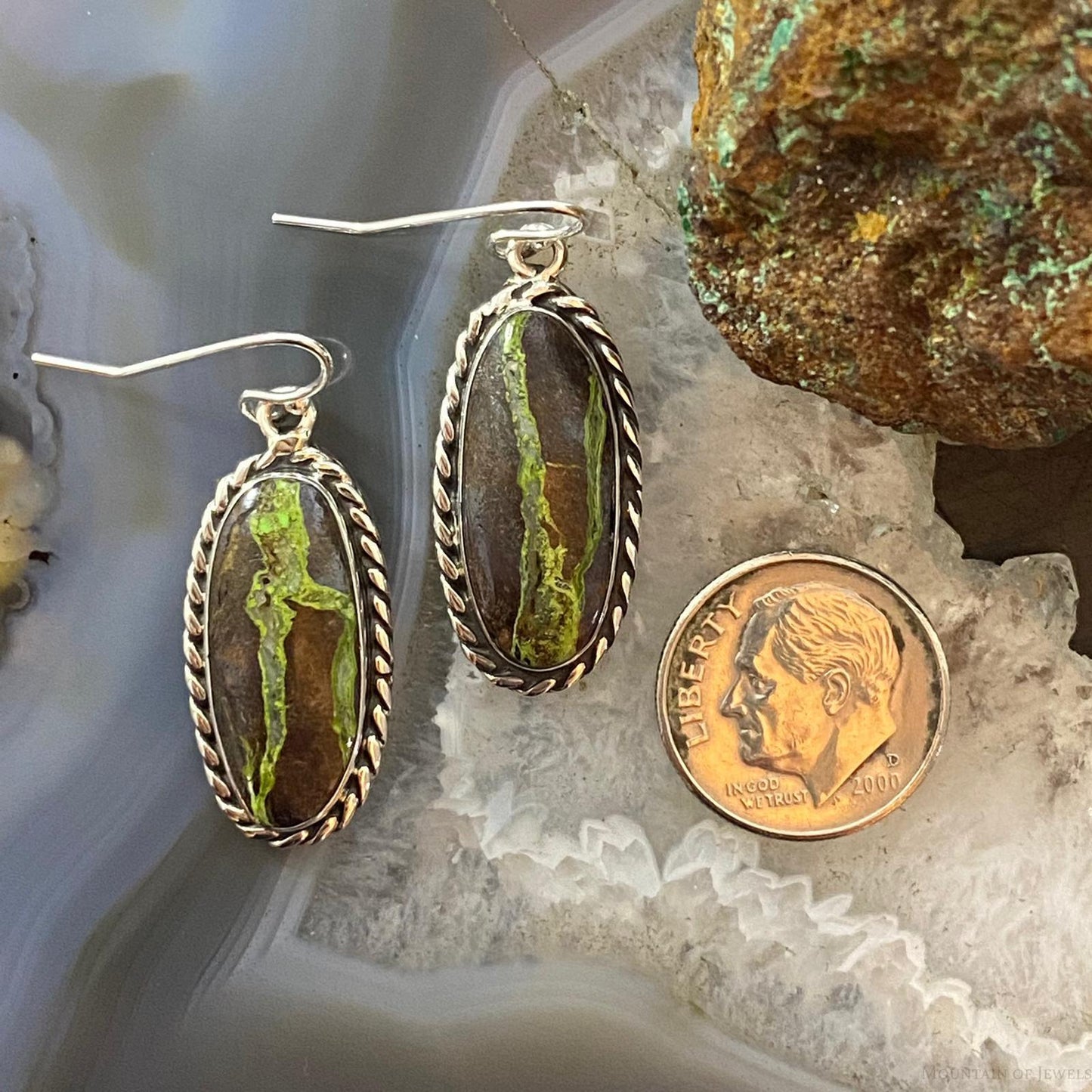 Native American Sterling Silver Gaspeite Decorated Dangle Earrings For Women
