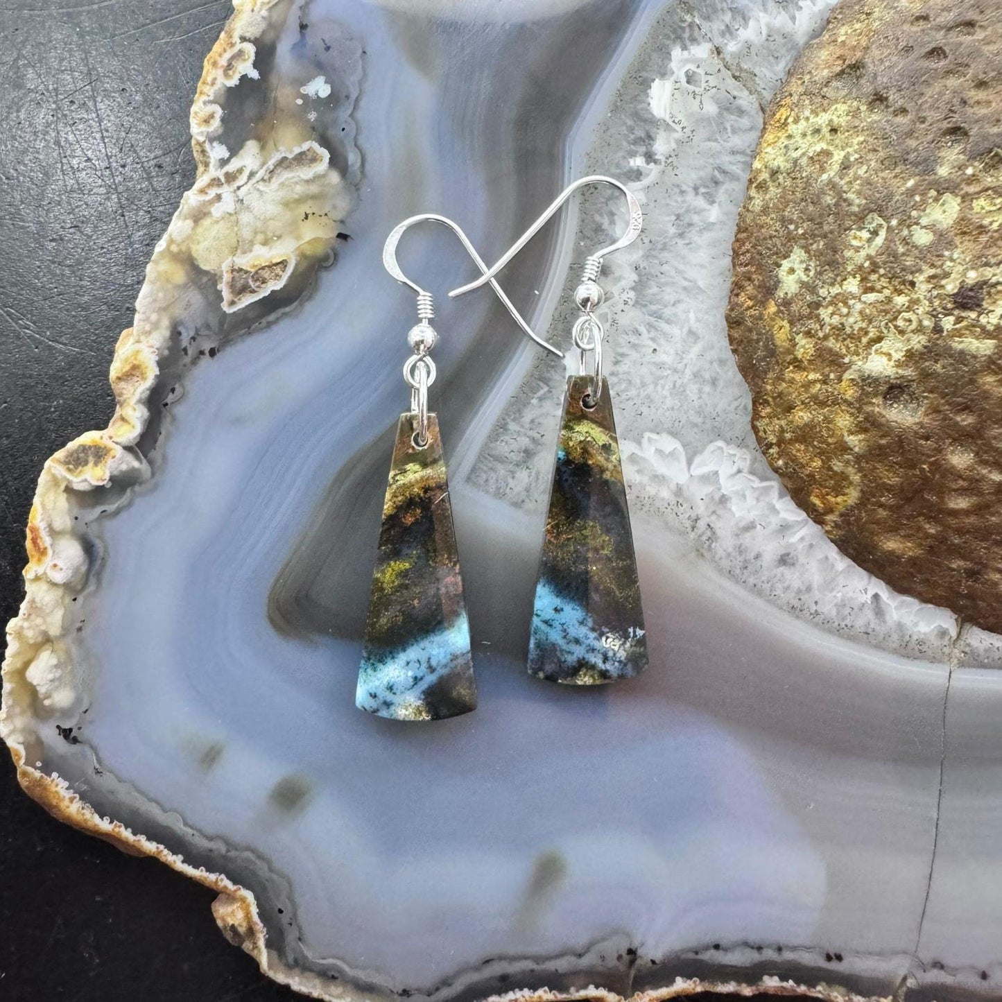 Sterling Silver Elongated Triangle Chrysocolla Slab Dangle Earrings For Women #225