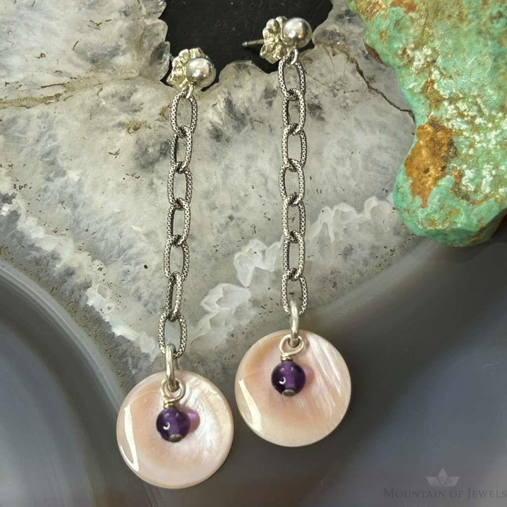 Carolyn Pollack Sterling Silver Pink MOP & Amethyst Dangle Earrings For Women
