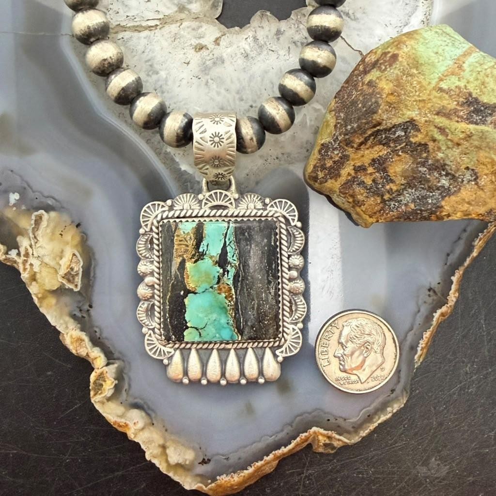 Sterling Silver Southwestern Style Square Blackjack Turquoise Decorated Pendant For Women