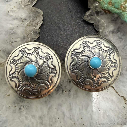 Native American Sterling Silver Stamped Rounded Concho w/Turquoise Stud Earrings For Women