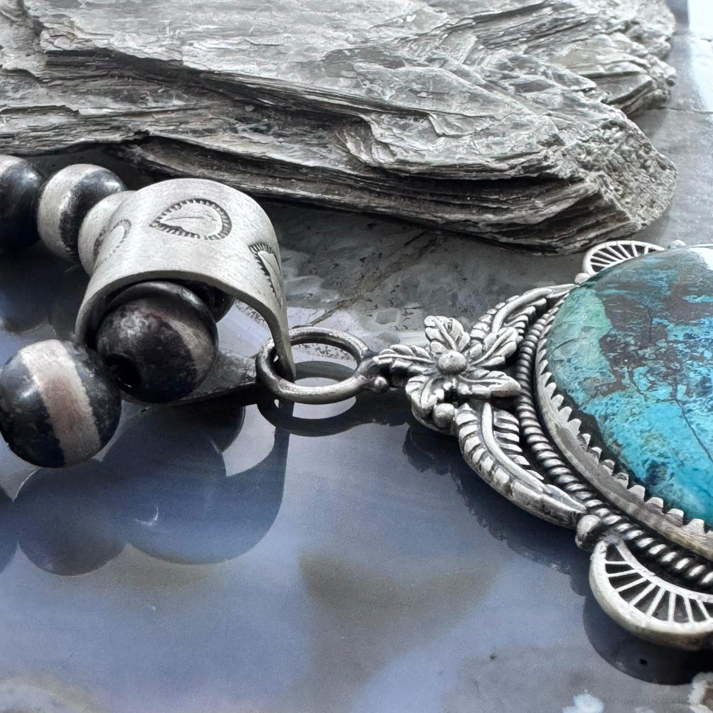 Sterling Silver Southwestern Style Large Round Chrysocolla Decorated Pendant For Women