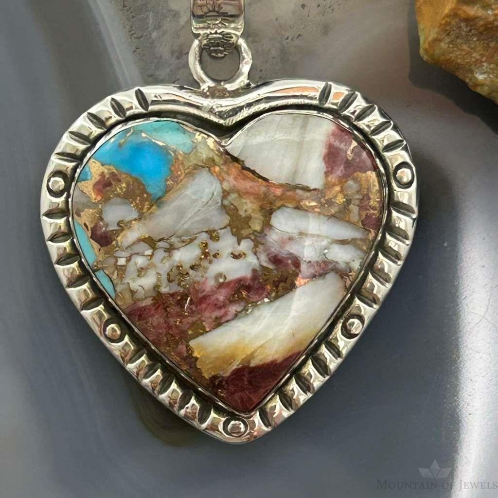 Sterling Silver Southwestern Style Turquoise Spiny Oyster Heart Pendant For Women