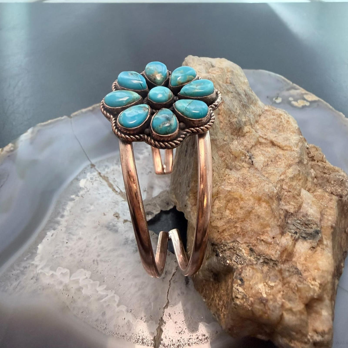 Copper Southwestern Style Teardrop Mohave Turquoise Cluster Bracelet For Women