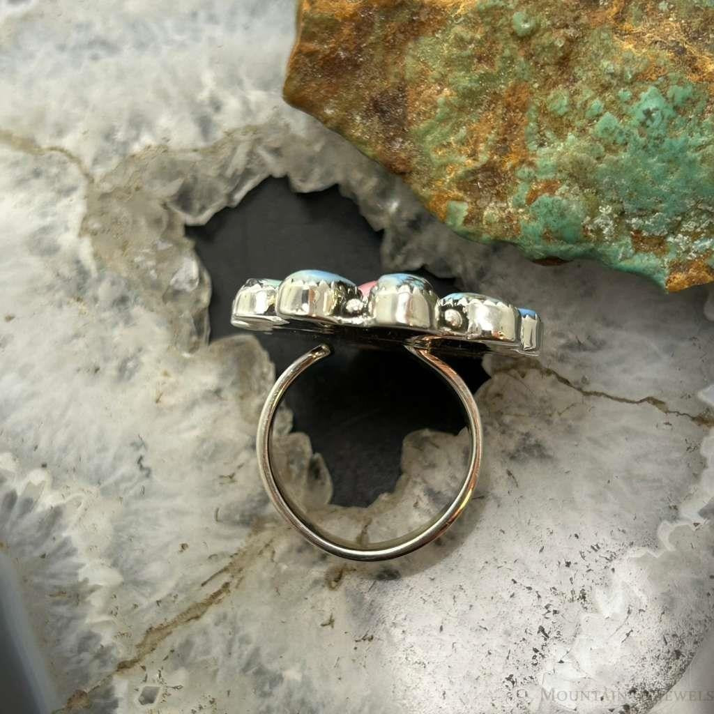 Sterling Silver Southwestern Style Pink Conch &Turquoise Adjustable Cluster Ring For Women