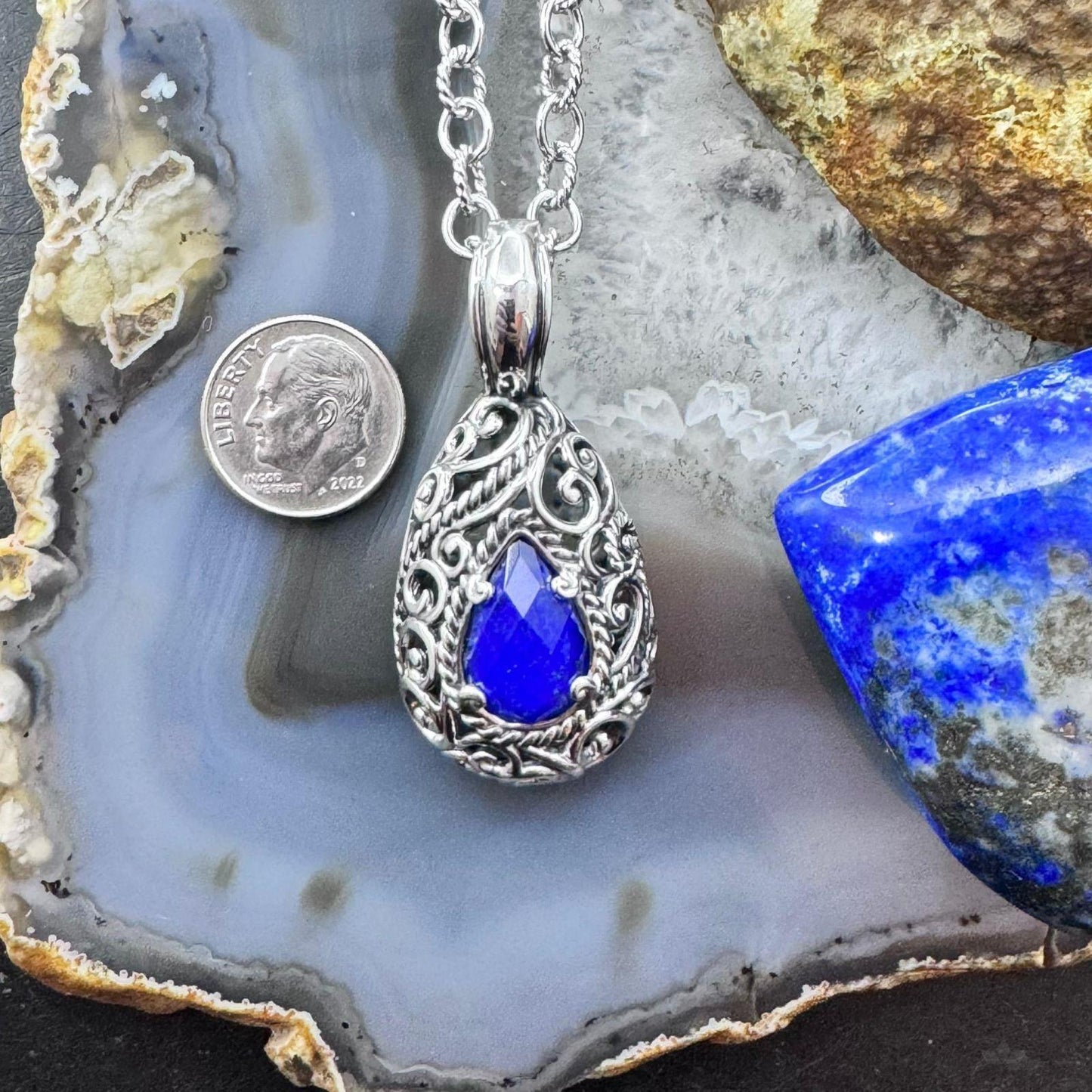 Carolyn Pollack Sterling Silver Pear Lapis & Clear Quartz Doublet Pendant W/Necklace For Women