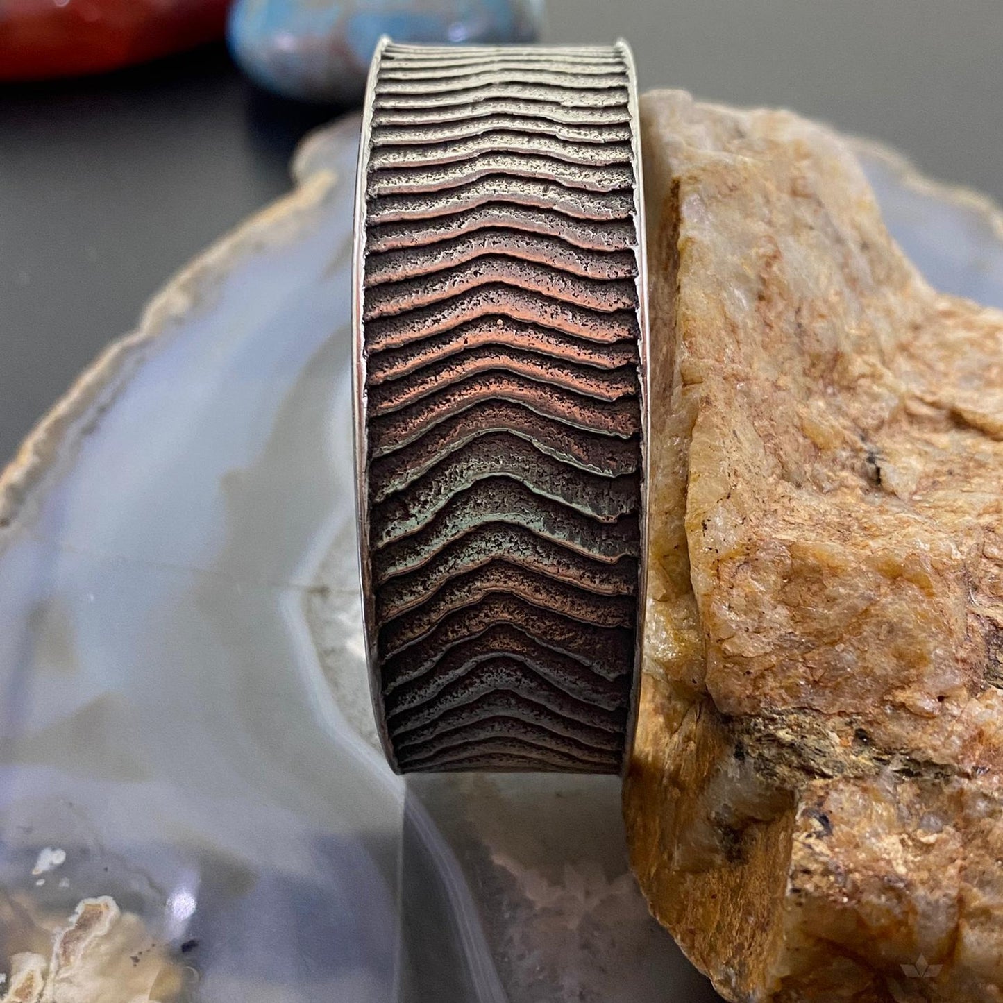 Signed Native American Sterling Silver Heavy Gauge Striped Bracelet For Women