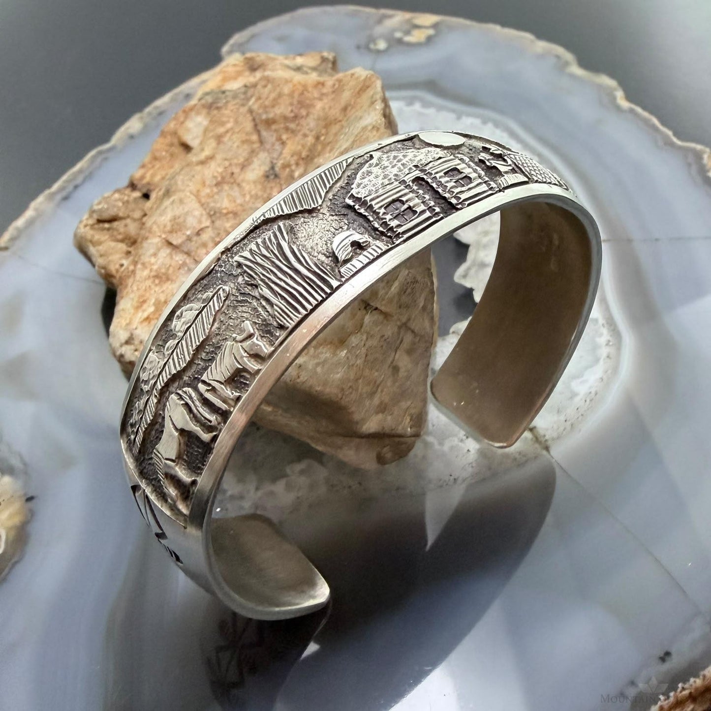 Alex Becenti Native American Sterling Silver Village Life Storyteller Unisex Bracelet