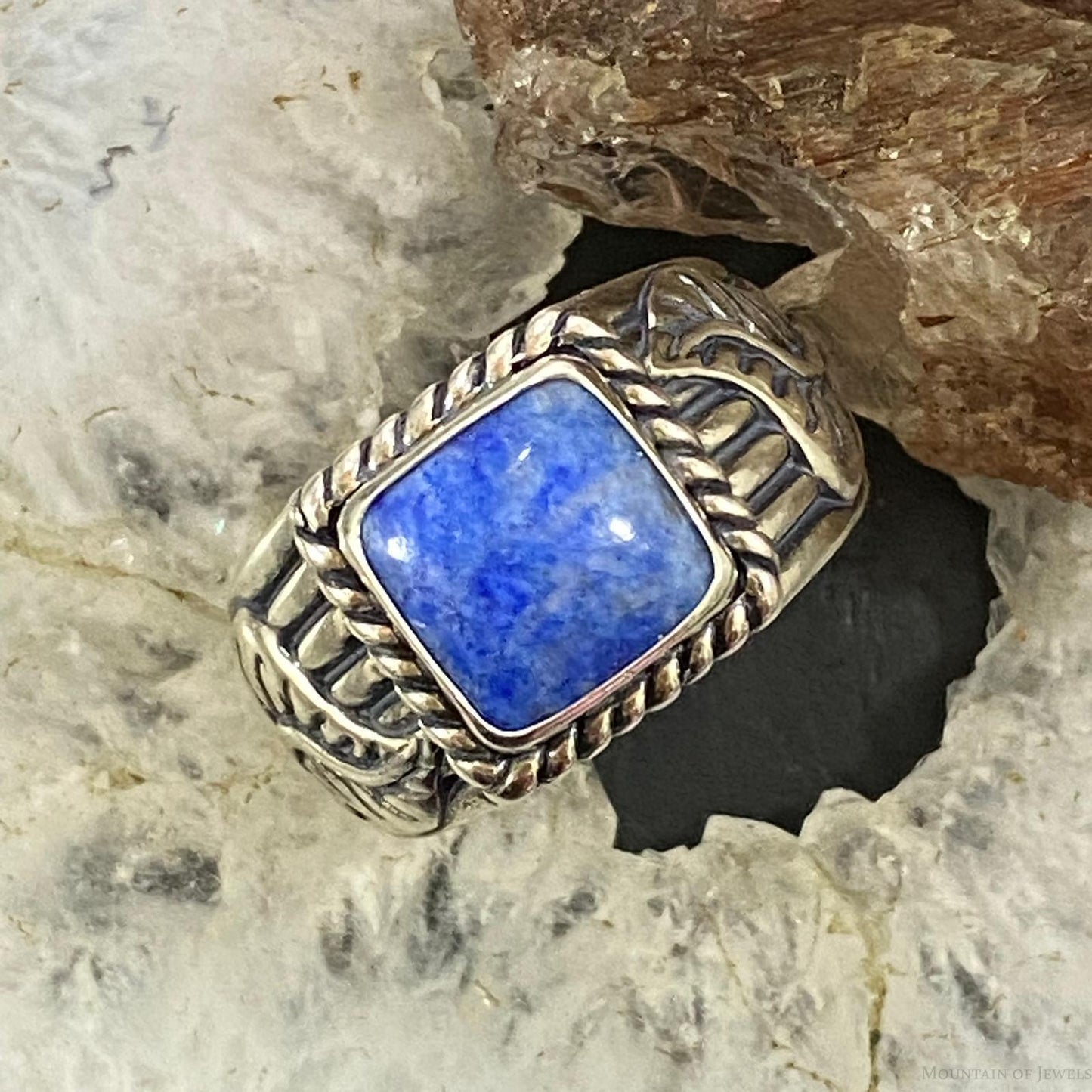Carolyn Pollack Southwestern Style Sterling Silver Denim Lapis Heavy Decorated Unisex Shield Ring